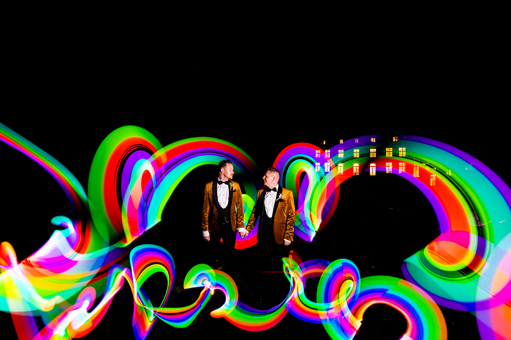 Sant Ffraed House Wedding light painting same sex wedding